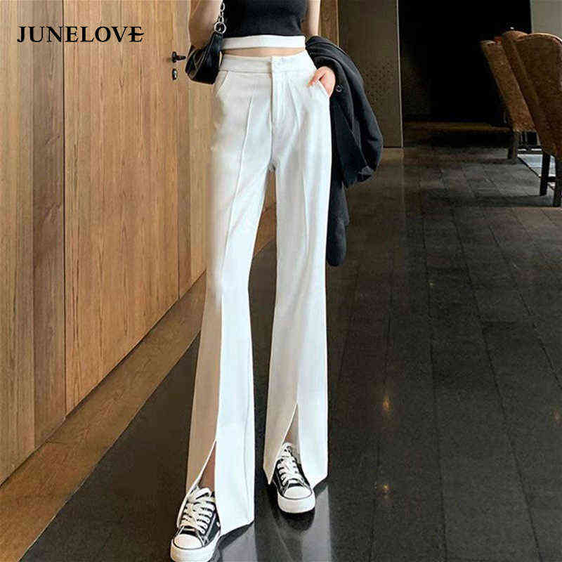 JuneLove Vintage Long Flare Pant Korean Streetwear Sexy High Waist Trousers Lady Casual Front Split Bell Bottom Pant 211124Z