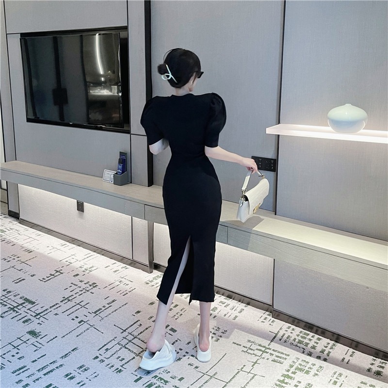 Korean Chic Fashion V Neck Puff Short Sleeve Black White Striped Dress Women Casual Sexy Split Tight Wrap Hip Vestido De Mujer 210429