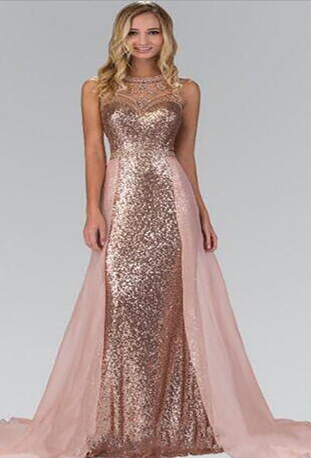 Chic Rose Gold Sequined Bridesmaid Dresses With Overskirt Train Illusion Back Formal Maid Of Honor Wedding Guest Party Evening Gowns 0509