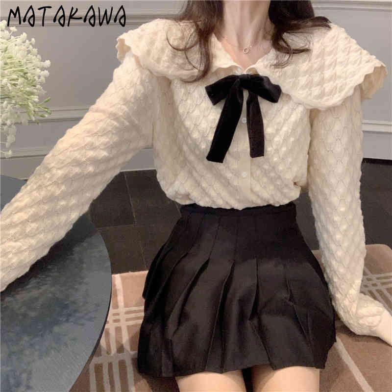 MATAKAWA Knitted Sweater Cardigan Coat Turn-down Collar Sweaters for Women Bow Fashion Retro Japanese Spring Top 210513