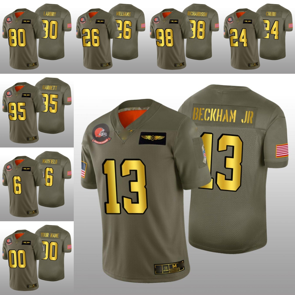 ClevelandBrownsMen #6 Baker Mayfield 13 Odell Beckham Jr. 95 Garrett Custom Women Youth Golden Salute to Service Jersey, Black
ClevelandBrownsMen #6 Baker Mayfield 13 Odell Beckham Jr. 95 Garrett Custom Women Youth Golden Salute to Service Jersey, Black