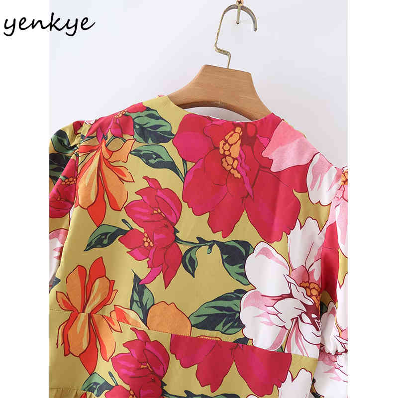 Summer Dress Women Multicolor Floral Print Female V Neck Short Sleeve Sundress Vestido High Waist Casual 210430