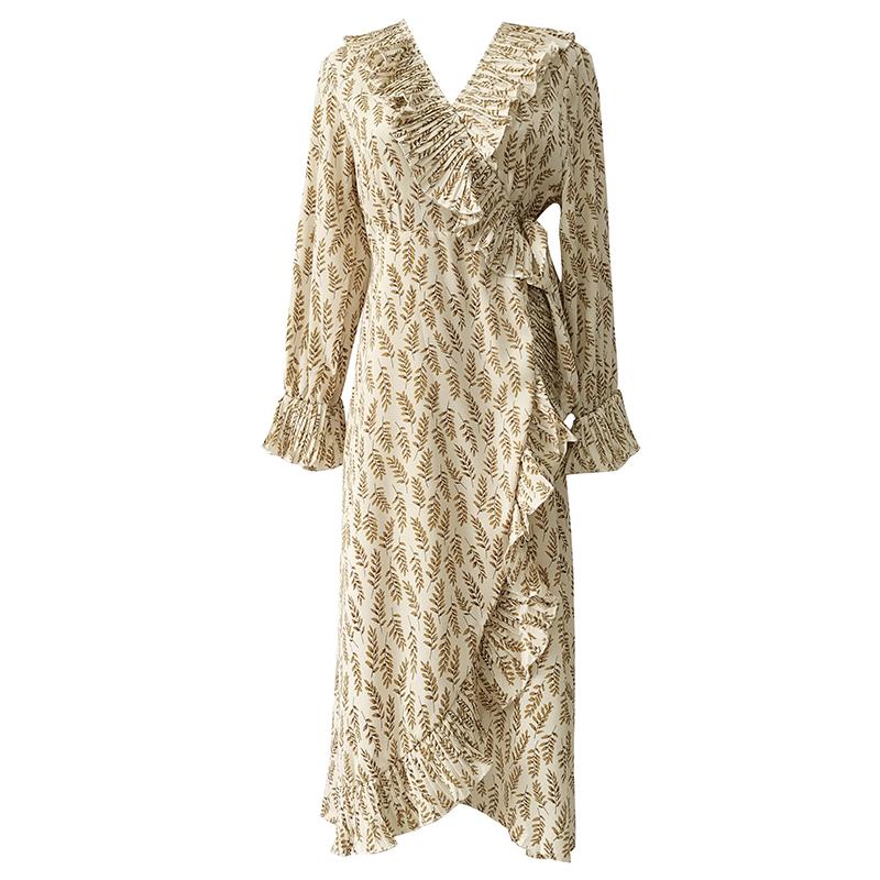 Dress Long Sleeve Leaf Print Ruffles Split Chiffon Women' French Retro Spring Knee Length V Neck Black Red Khaki Casual Dresses, Beige
Dress Long Sleeve Leaf Print Ruffles Split Chiffon Women' French Retro Spring Knee Length V Neck Black Red Khaki Casual Dresses, Beige