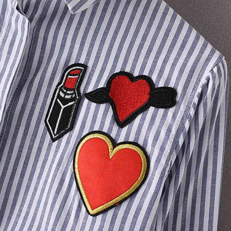 Fashion Women Embroidery Patch Long Sleeve Striped Mini Shirt Dress Casual Lady Loose Clothing D789 210430Z