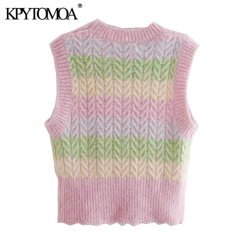 Women Sweet Fashion With Ribbed Trims Striped Vest Sweater O Neck Sleeveless Female Waistcoat Chic Tops 210420