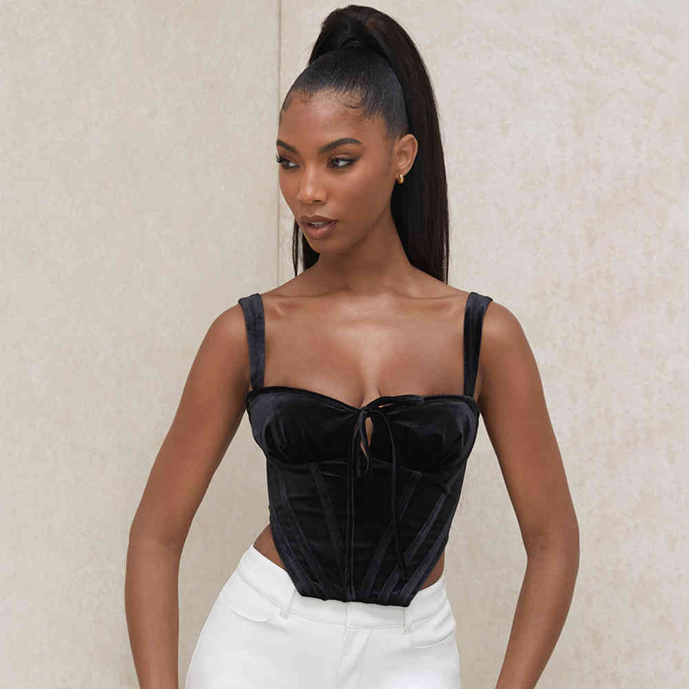 Summer Women Spaghetti Strap Mini Tops Sexy Black Velvet Sleeveless Celebrity Evening Party Outwear Crop Lady Top 210423