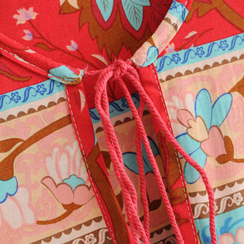 Chu Sau beauty Boho Floral Print Maxi Dress Women Holiday Style Bow Tassel Long Dresses Female Loose Beachwear 210508