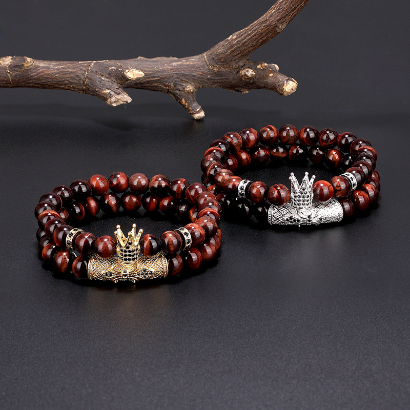 Cool Men Style 8MM Red Tiger Eye Beads Strands Micro Pave Crown Charm Bracelet for Gift 2pcs/set