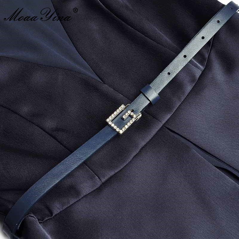 Summer Runway Elegant Dresses Women Fashion Pleated Long sleeves High waist Belt A Line Knee-Length Dress 210524