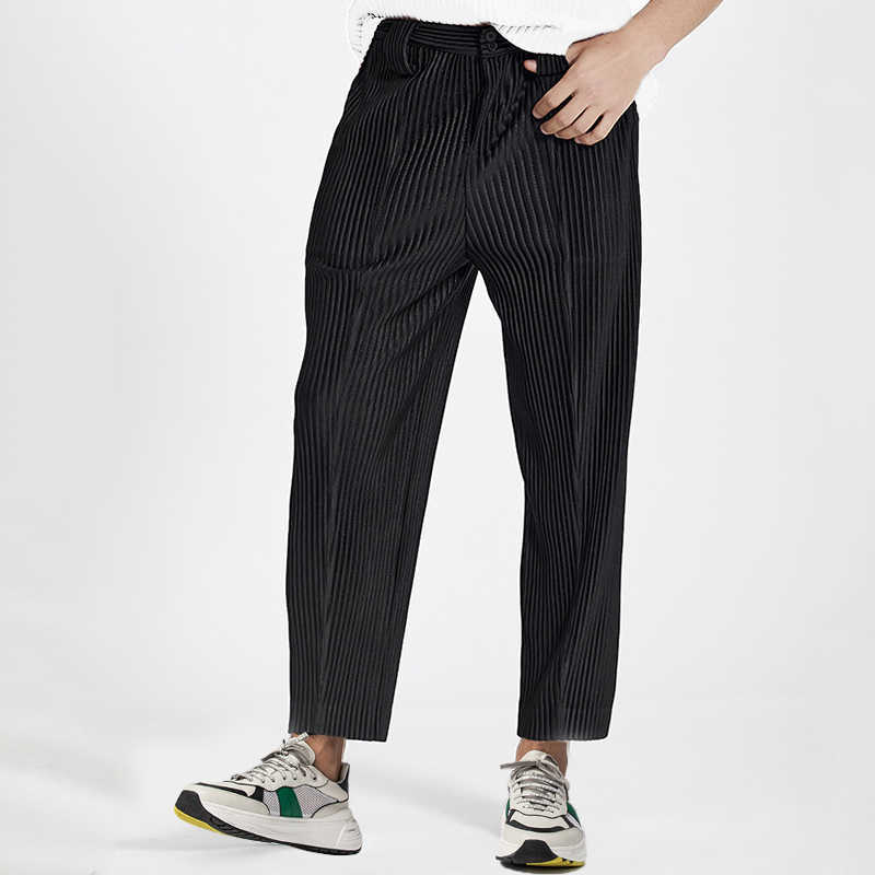 IEFB /men's wear Japan pleated trousers male Autumn wrinkled mid-seam open ankle ankle-length pants elastic waist Y3493 210810