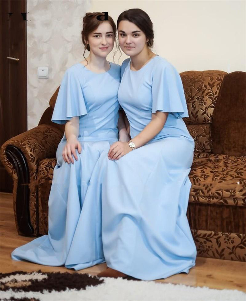 Light Sky Blue Mermaid Bridesmaid Dresses 2021 Jewel Short Sleeve Sweep Train Country Wedding Guest Gowns robes de demoiselle d'honneur
