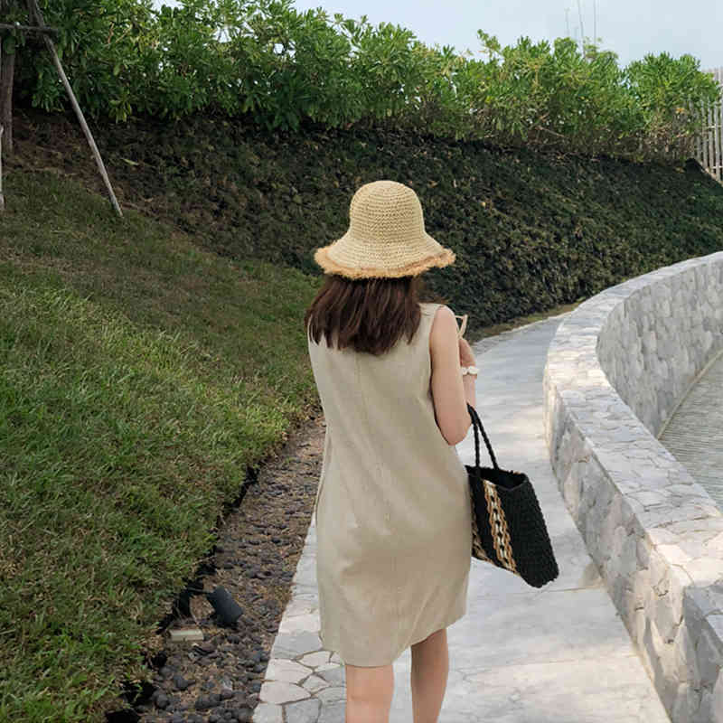 Simple Casual Loose O-collar Sleeveless Female Dress Korean Style Ins Cotton Linen Multi-Color Basic Vest Robe Femme 10089 210427