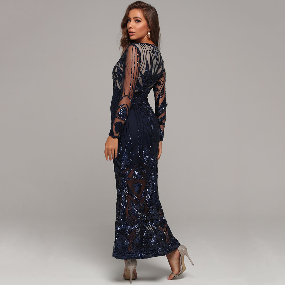 Free Women's Blue Sequin Long Dress Sexy V-neck Mesh Sleeve Bodycon Hollow Celebrity Club Party Vestidos 210524
