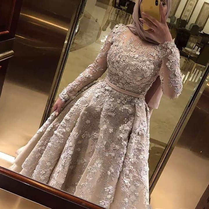Champagne 3D Floral Muslim Evening Formal Dresses Aso Ebi Arabic Long Sleeve Lace Beaded Jewel Neck Prom Reception Gown