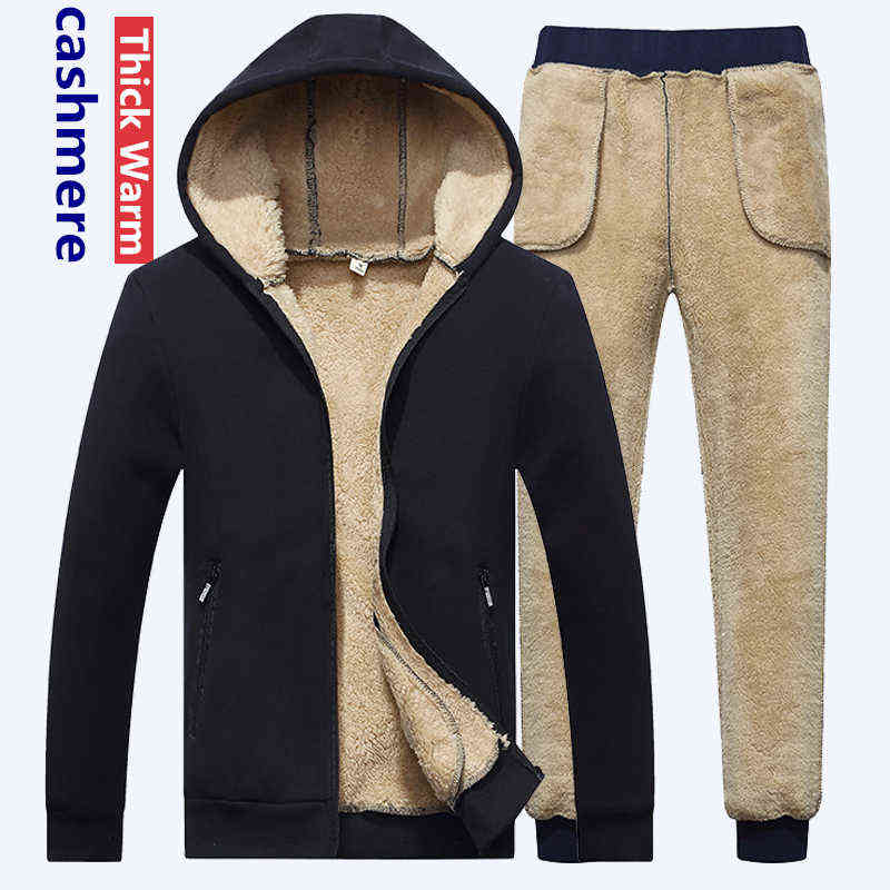 Lamb cashmere Hoodies+Pants 2PCS Winter Thicken Warm Men Sports Suits Tracksuit Hoodie Sportswear Zipper Cashmere hoodie mens 211109