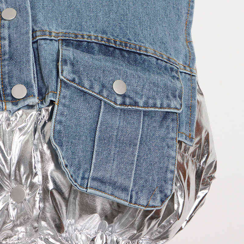 TWOTWINSTYLE Drawstring Patchwork Denim Vest For Women Lapel Sleeveless Casual Loose Cotton Coat Female Winter Fashion 211120