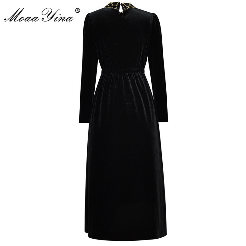 Fashion dress Spring Autumn Women Dress Long sleeve Gold Line Embroidery drilling Black lace-up Velvet Dresses 210524