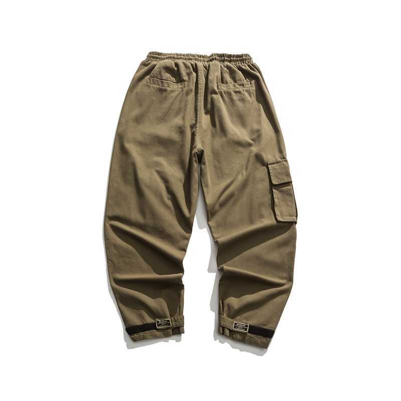 Mens Cargo Pants Multi Pockets Japan Style Harajuku Cotton Outwear Fashion Straight Casual Trousers Male Adjustable Bottom 210603
