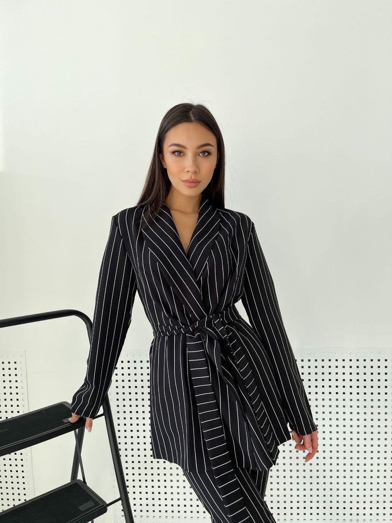 Fashion Striped Women Blazer Suit with Belt Long Sleeve Slim Fit Ladies Formal Pants Suits Prom Party Wedding (jacket+pants)