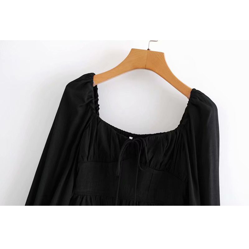 Square Collar Long Sleeves Neckline Tie Women Vintage Short Waist T-shirt Fashion Chic Female Tops 210507