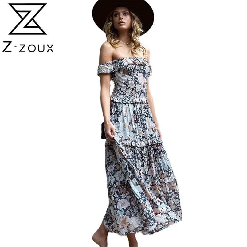Women Dress Slash Neck Off Shoulder Bohemia es Sexy Long Print Floral Maxi Large Hem Plus Size es 210513