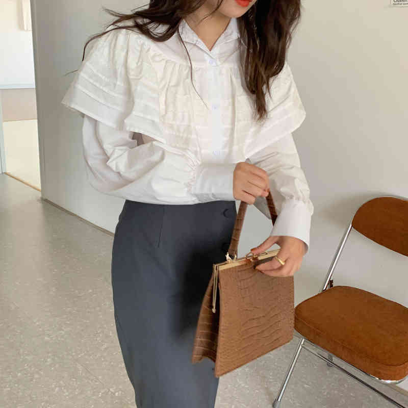 Ruffles Female Streetwear Stylish Chic Korean White Vintage Brief Solid All Match Retro Office Lady Shirts 210421