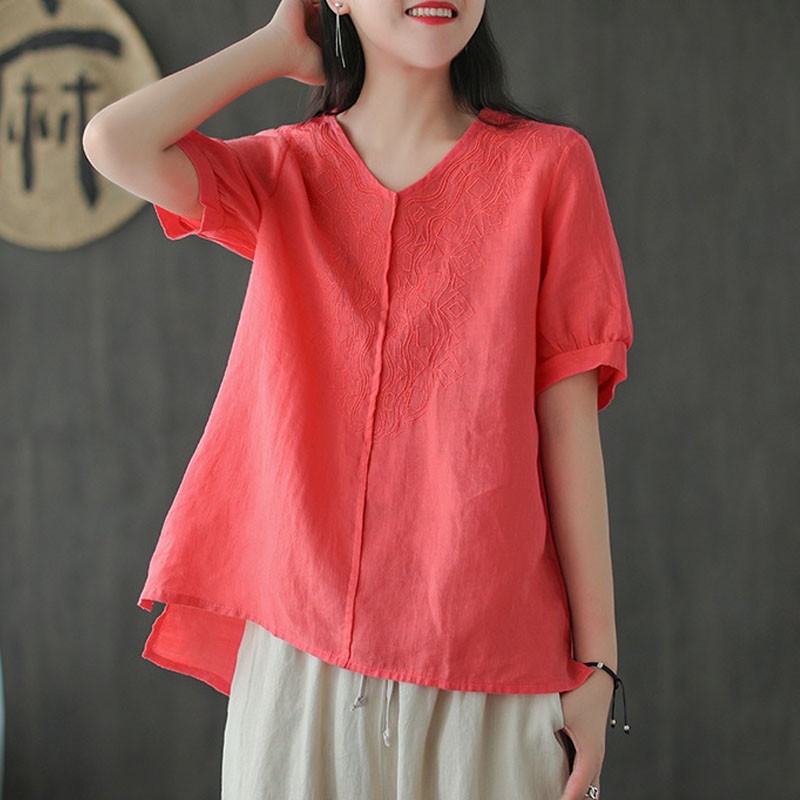 Johnature Cotton Linen Retro Embroidery V-neck Short Sleeve Pullover T-shirt Summer Loose Leisure All-match Women Tops 210521, Purple
Johnature Cotton Linen Retro Embroidery V-neck Short Sleeve Pullover T-shirt Summer Loose Leisure All-match Women Tops 210521, Purple