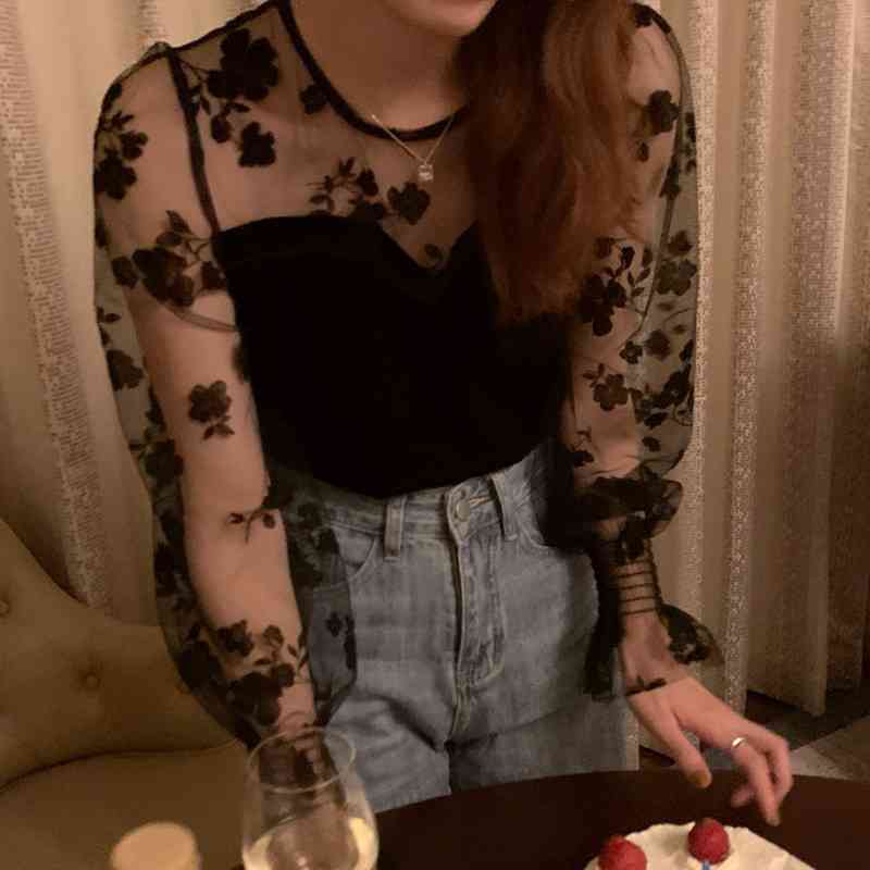 Vintage Loose Shirt Mesh Lace Women Korean Long Sleeve Blouse Sexy Elegant Top Female Blusas Mujer 13820 210427