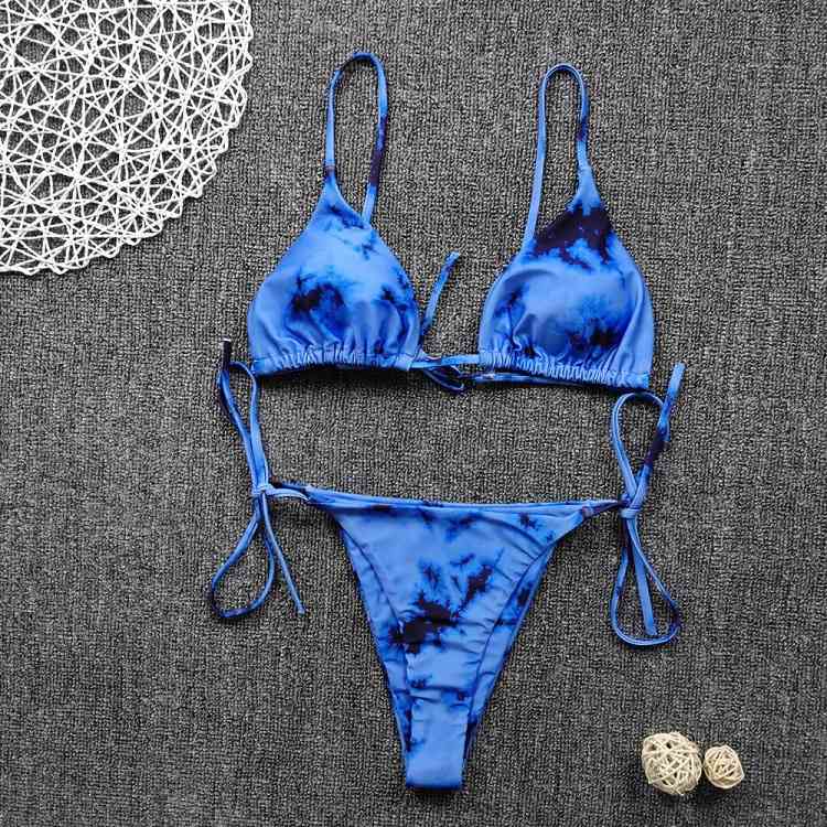 Summer Tie Dye Beach Swimsuit s for Women Sexy Halter Swimwear Thong Female Bikini Sets Blue Pink Green 210520