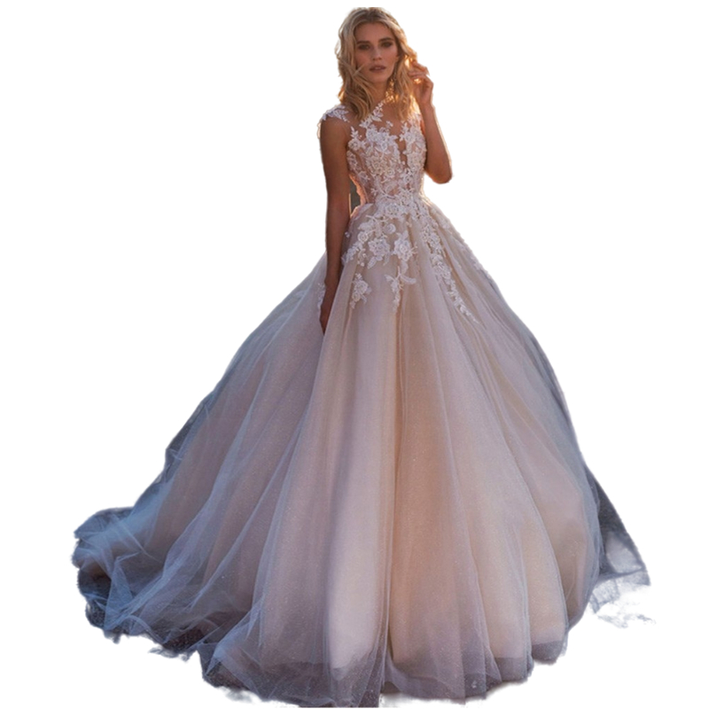 2022 Bohemian Fairy Tulle Wedding Dresses Bridal Gowns A Line Elegant Lace Appliques Crew Neck Sleeveless Sweep Train Princess Button Vestidos De Novi