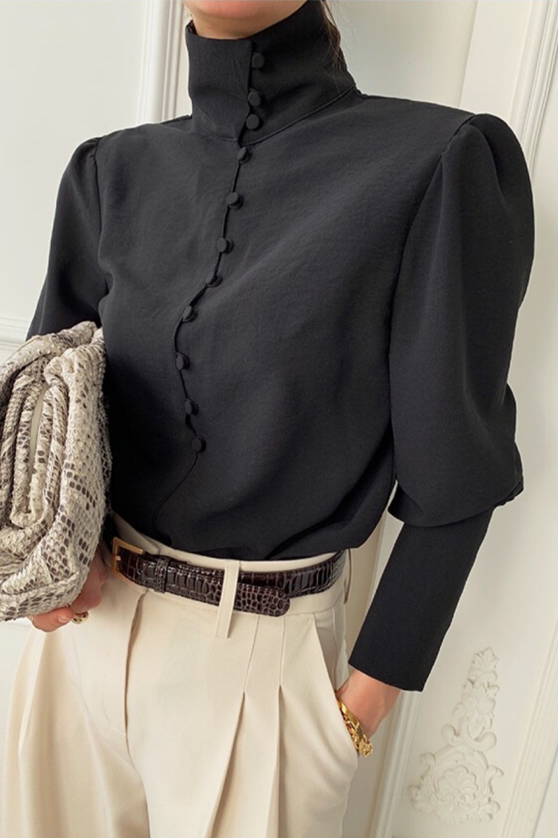Office Ladies Shirts Work Fashion Solid Black Elegant Turtleneck Blouses Women Tops Spring Korean Pleated Blusas 210519