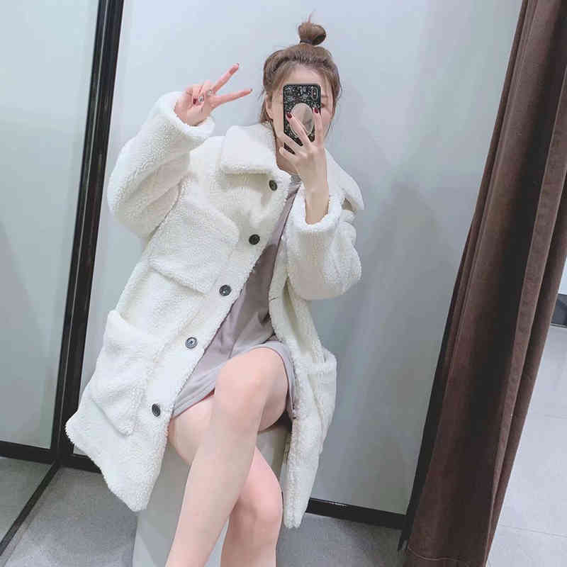 Fashion Solid Teddy Coat Women Winter Pockets Fleece Casual Mid Length Jackets Long Sleeve Lamb Fur Jacket Manteau Femme 210515