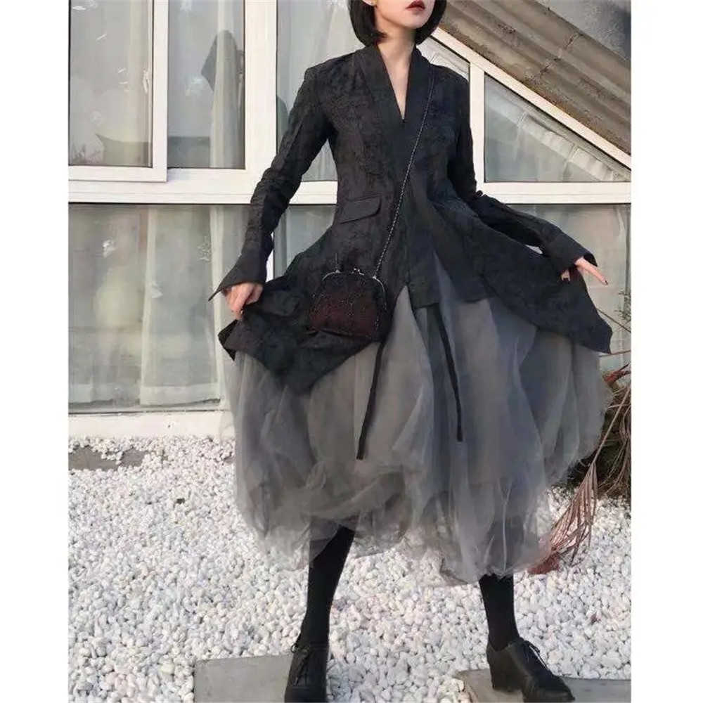 Gothic Gray Tulle Long Irregular Pleated Skirts Elastic High Waist A-Line Mesh Midi Skirts Vintage Punk Streetwear 210619wtt