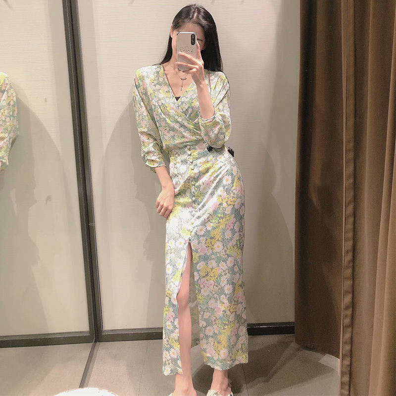Women Two Piece Set Printed Shirt & Slit Midi Skirt Fashion Casual Woman 2 210517