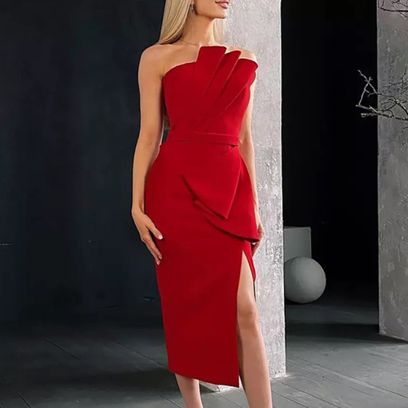 VGH Red Sexy Dress For Women Strapless Sleeveless High Waist Sashes Slim Side Split Evening Party Dresses Female Summer New 210421
