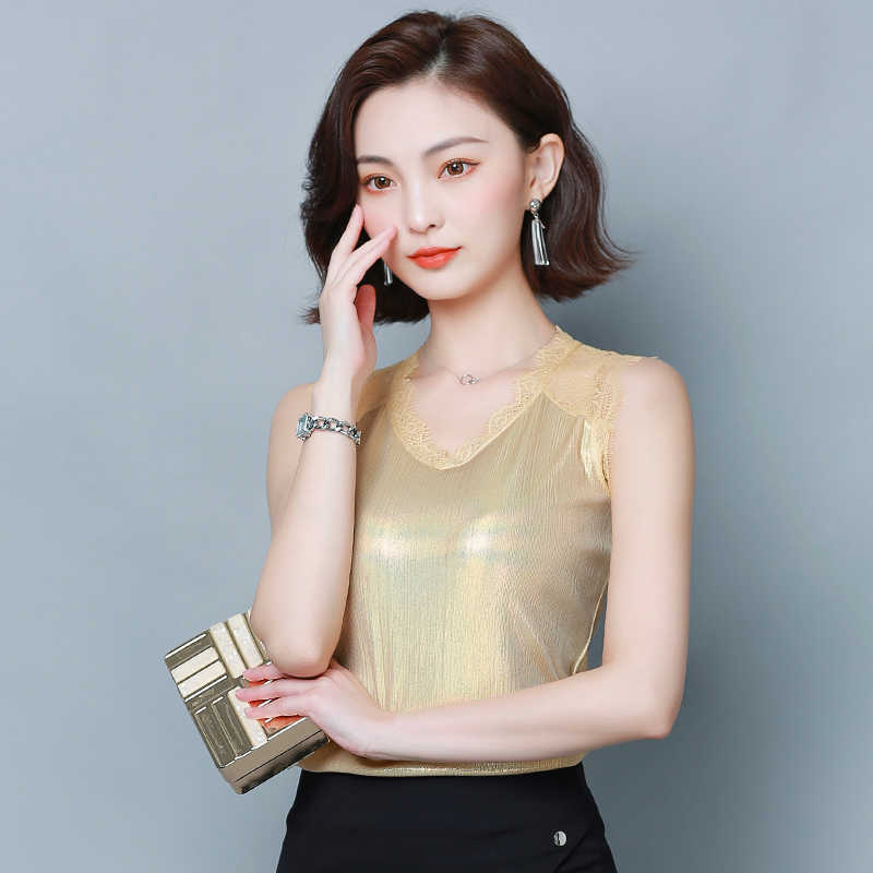 Summer Korean Fashion Silk Tank Top Women Satin Office Lady Lace Solid Plus Size XXXL/4XL White Clothing for 210531