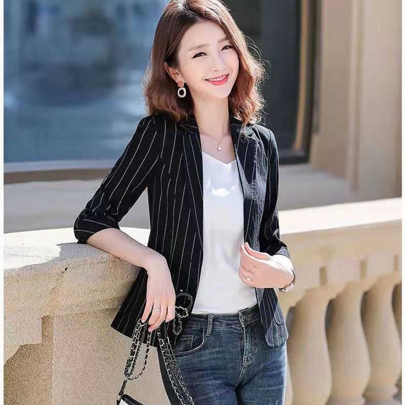 Spring Summer Women's Jacket Black White Striped Fashion Jackets Suit Three Quarter Sleeve Single Button Female Coat 210930