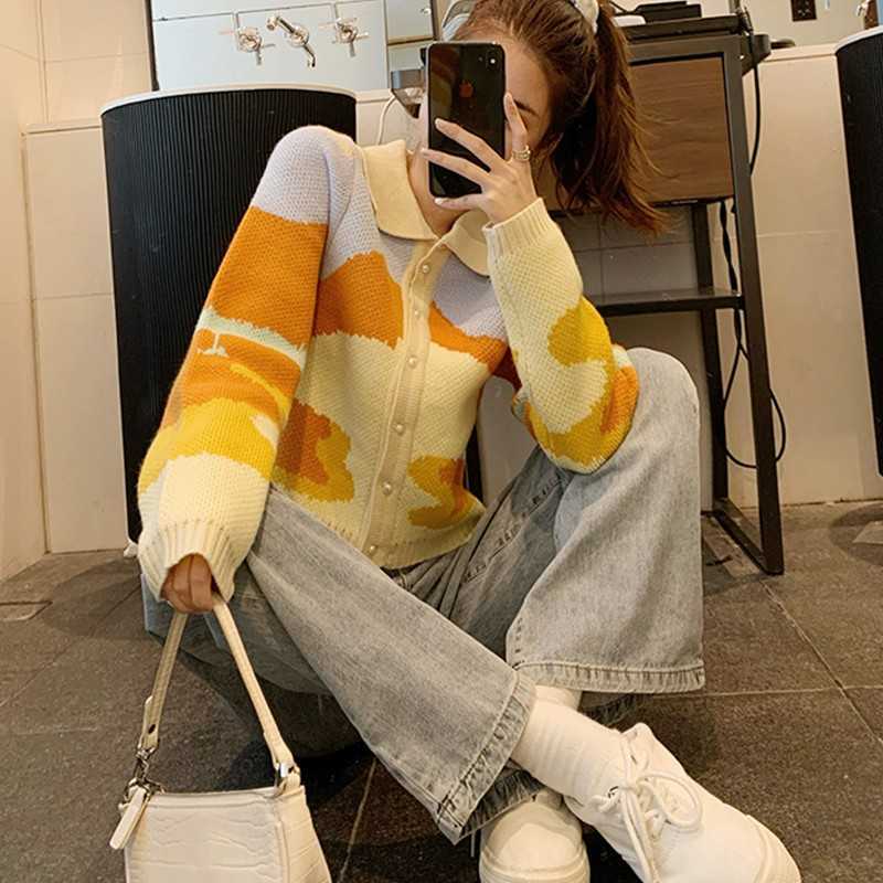 Yedinas Sweet Cropped Cardigan Knitted Long Sleeve Oil Painting Cute Women Sweater Slim Ladies Jumper Korean Fashion 210527