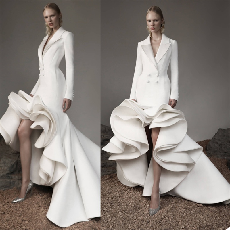 New Design Hi-Lo Evening Dresses Ruffles Deep V Neck Custom Made Long Sleeves Prom Dress Robe de mariée