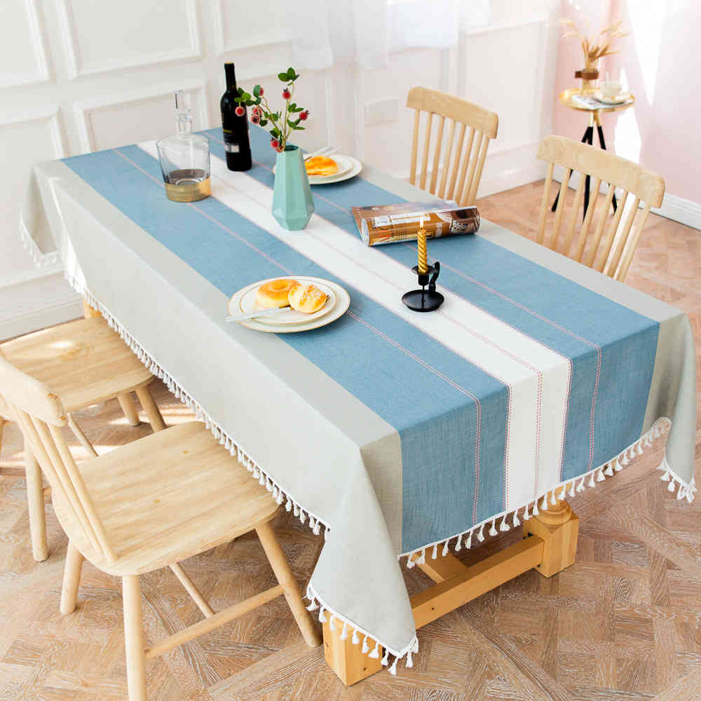 Home Decoration Simple Stitching Stripes Party Tassel Cotton Linen Tablecloth Home Textile Rectangle Dining Table Cover