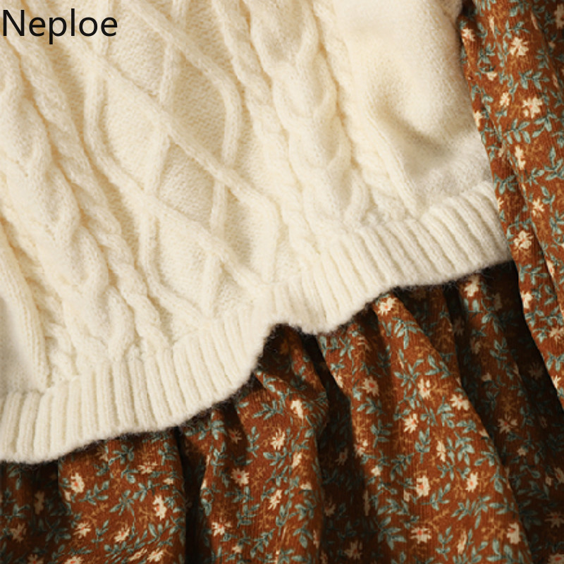 Neploe Patchwork Knitted Crobbed Dresses for Women Temperament Corduroy Floral Vestidos Lace Up Robe Korean Dress Female 210422