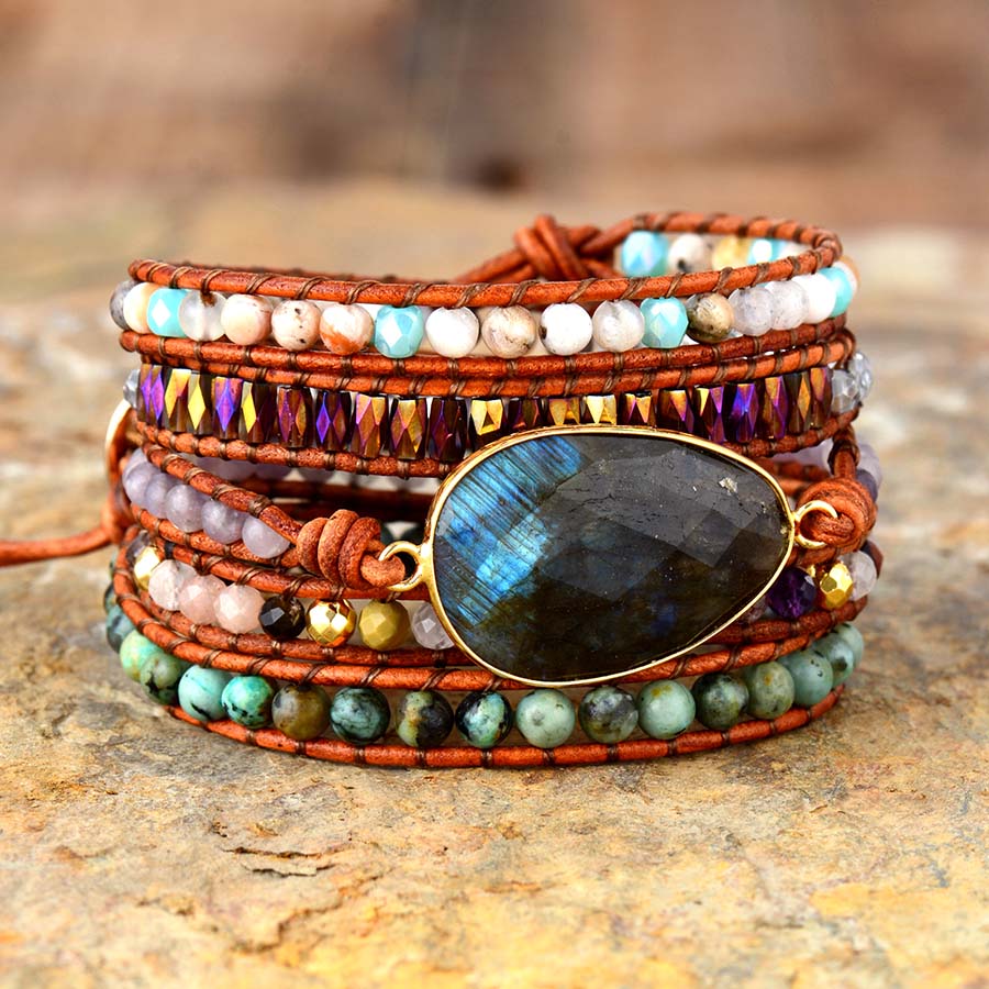 Exclusive New Women Boho Bracelets Labradorite 5 Times Leather Strap Woven Wrap Beads Bracelets Femme Dropshipping A