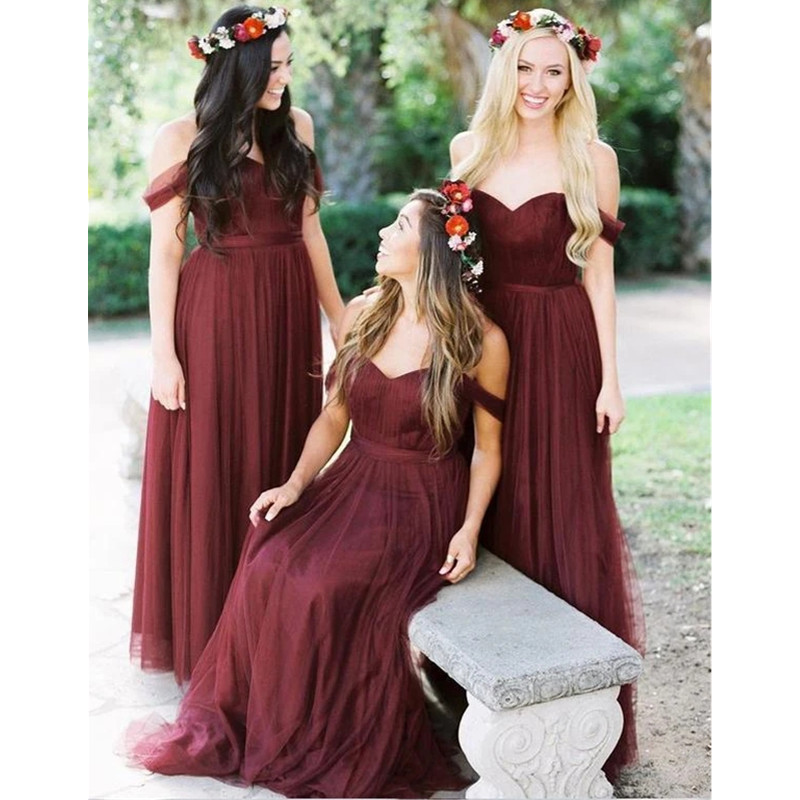 New Long Bridesmaid Dresses For Weddings Off Shoulder Sweetheart Chiffon Burgundy Dark Red Plus Size Maid of Honor Gowns
