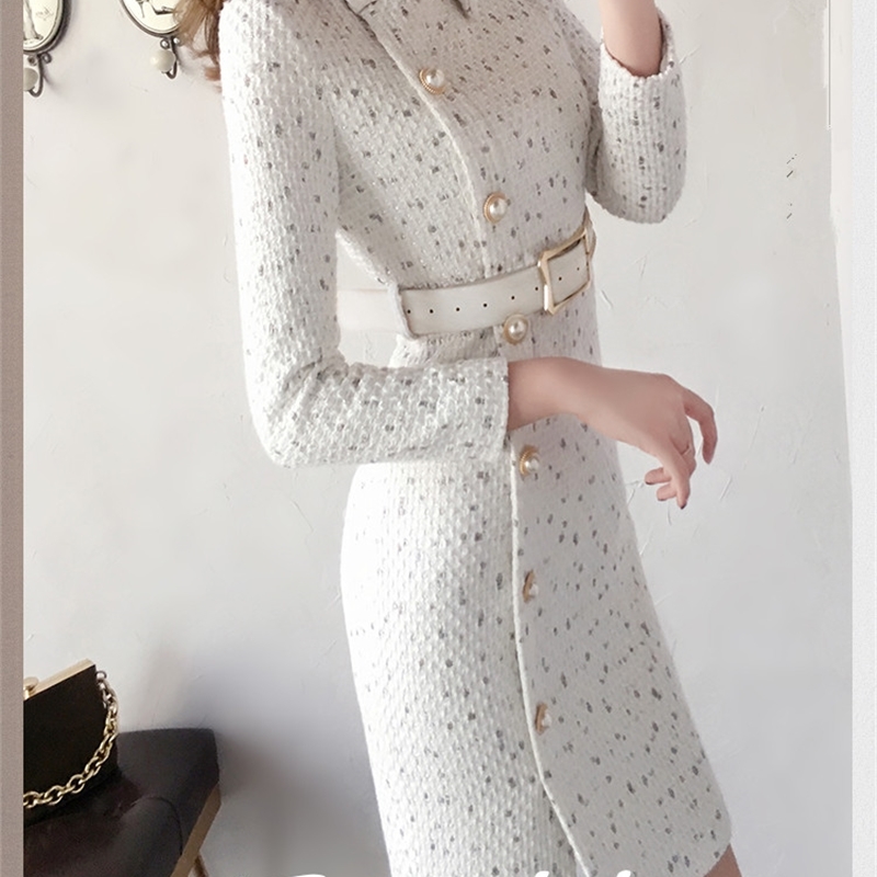 Arrival Autumn And Winter Runway Women Elegant Tweed Dress Bow Collar Long Sleeve Female Fashion Chic Vestidos 210520