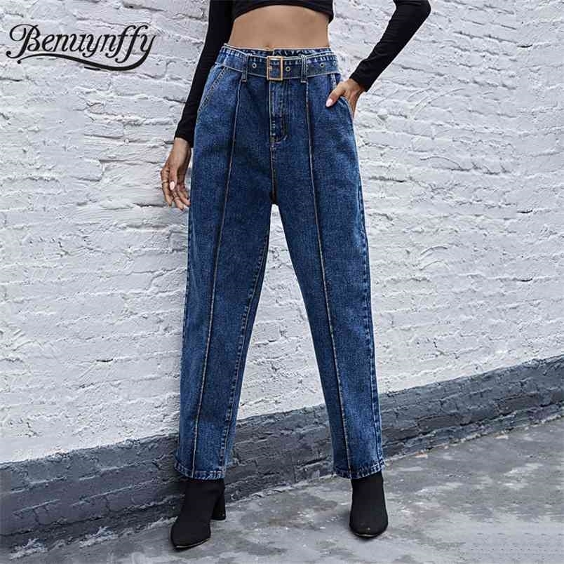 Autumn winter Vintage Pocket High Waist Jeans Woman Casual Fashion Straight Denim Pants Women Cotton Belted Mom 210510