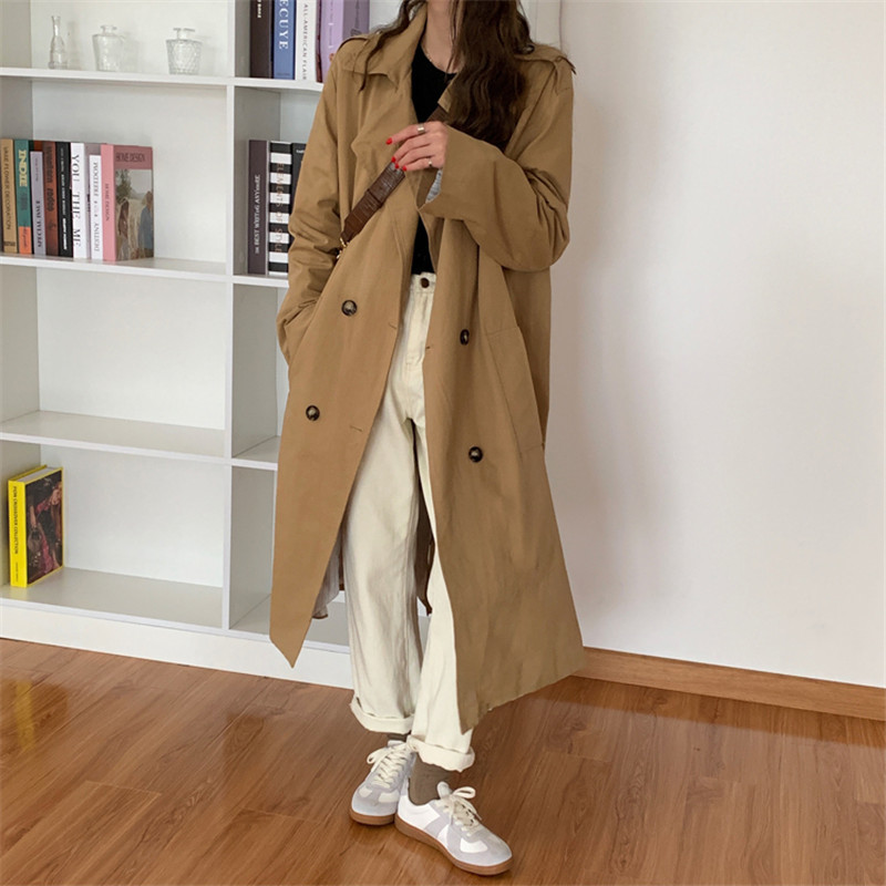 Minimalist Suit Collar Double Breasted Long Trench Coat Women Elegant OL Overcoat Autumn Work Khaki Windbreaker 210421