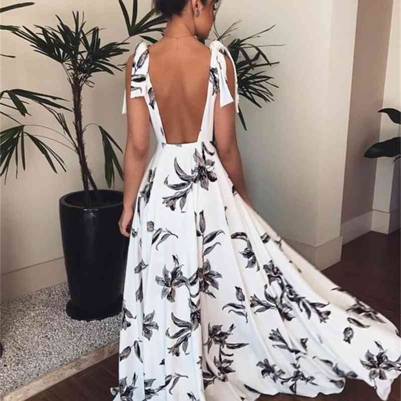 Women Dress V-Neck Sleeveless Sling Floral Flower Print Plus Size Maxi Beach es White Fashion 210513