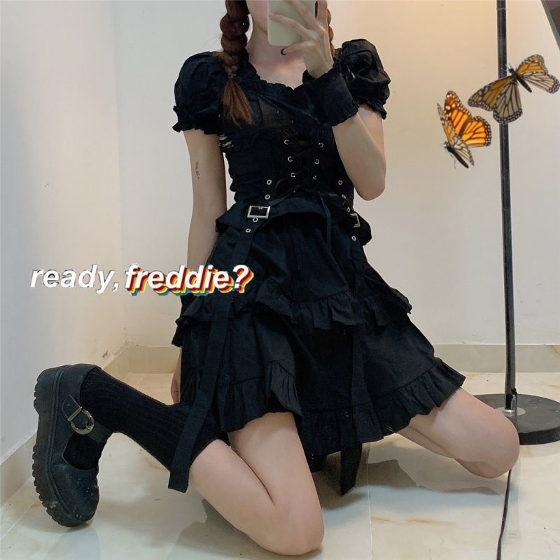 QWEEK Women's Gothic Lolita Dress Goth Punk Gothic Harajuku Mall Goth Style Bandage Black Dress Emo Clothes Dress Spring 210409