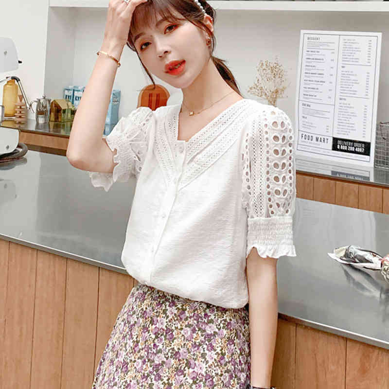 Blusas Mujer Summer V-neck Chiffon Shirt Casual Short Sleeve White Women Blouse And Tops Hollow Out Clothing 9556 210415