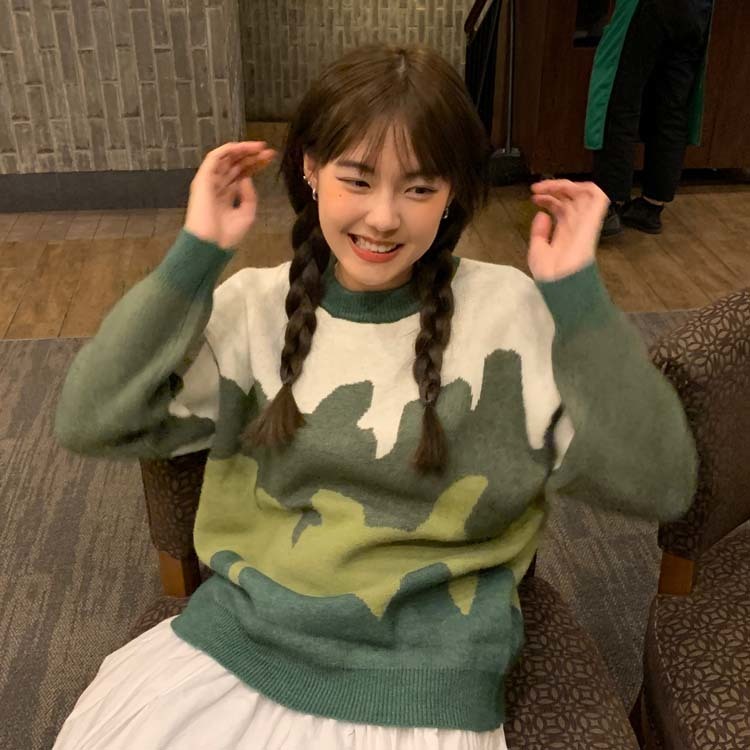 2 colors Korean style loose Knitted warm Sweaters Women patchwork Rabbit fur soft women sweaters and pullovers (F1468 210423